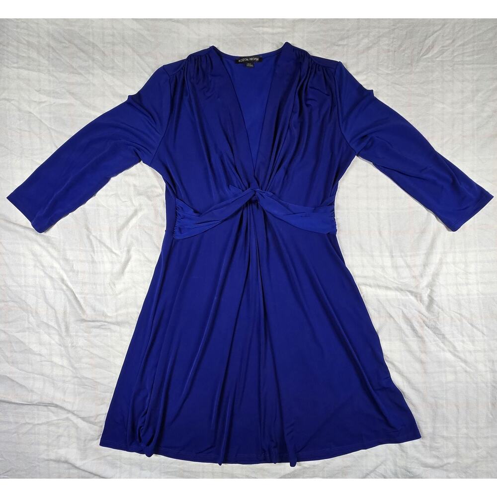 Boston Proper Twisted Front Knot Fit & Flare Dress Ruched Gathered Cobalt Blue L